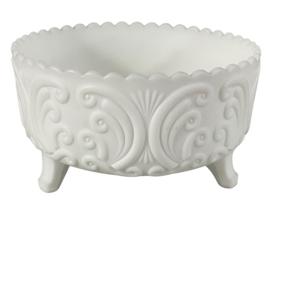 Vintage Imperial Milk Glass 3 Footed Bowl Embossed Scroll Pattern White Glass - Picture 1 of 8